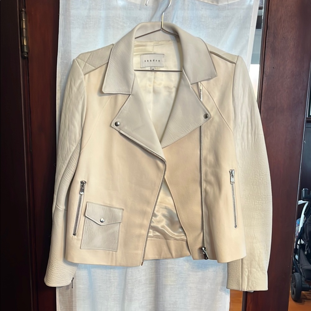 Designer Cream/Ivory Leather Jacket (Perfect Neutral for Spring) Sandro Paris